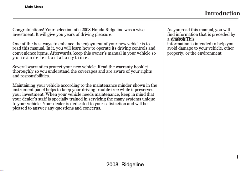 Page 1 de la notice Manuel utilisateur Honda Ridgeline (2008)