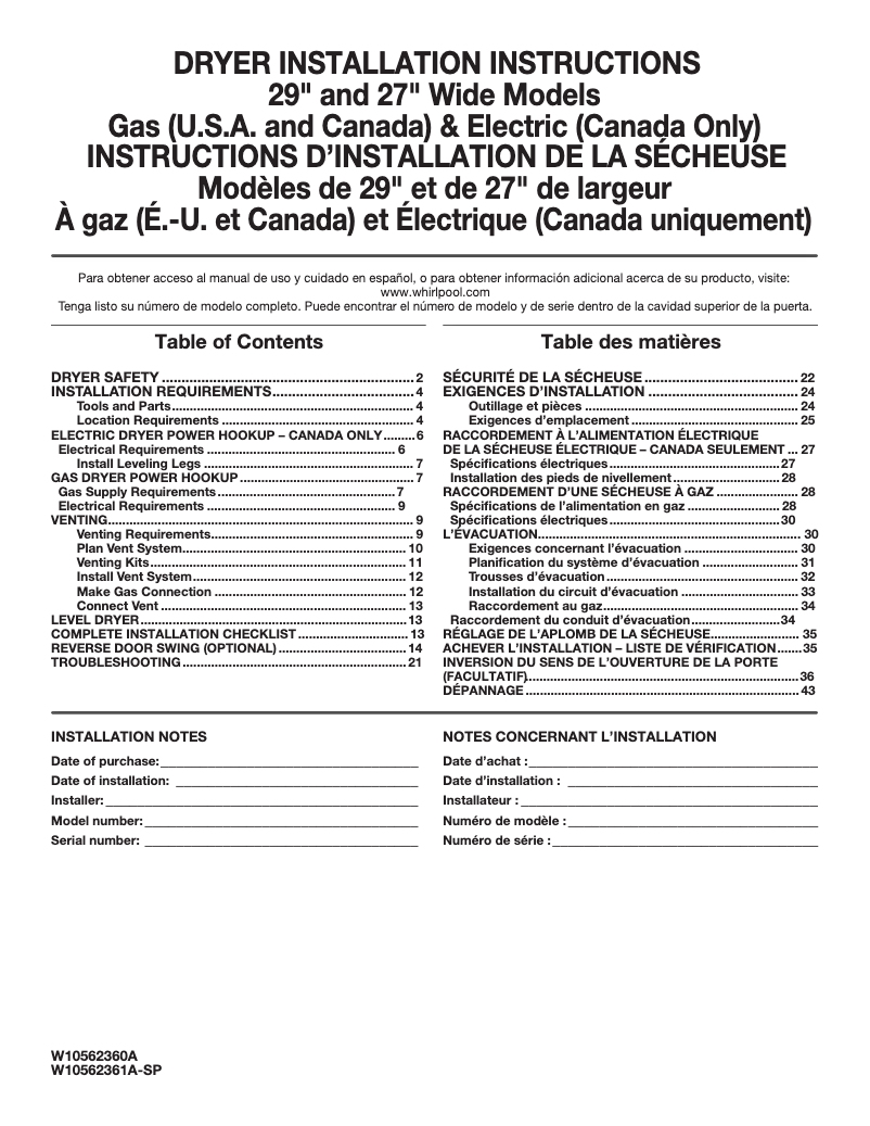 Page 1 de la notice Guide d'installation Maytag MEDC555DW