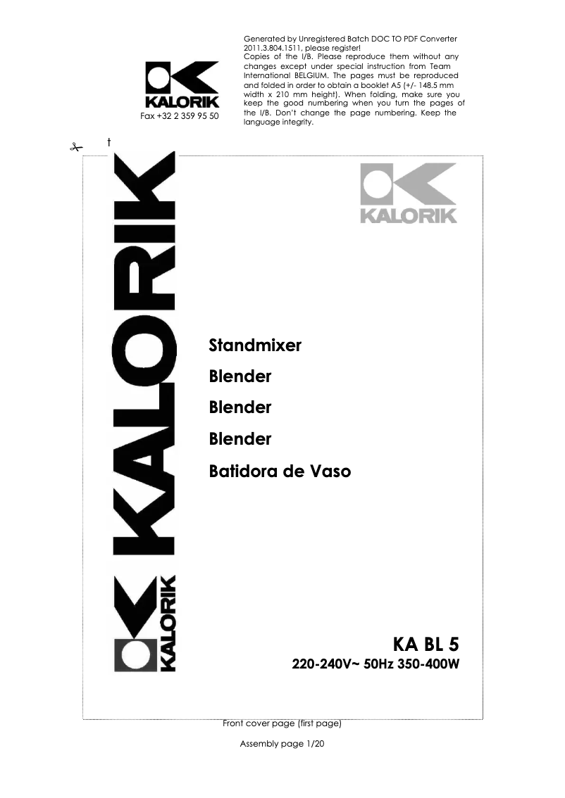 Page 1 de la notice Manuel utilisateur Kalorik KA BL 5