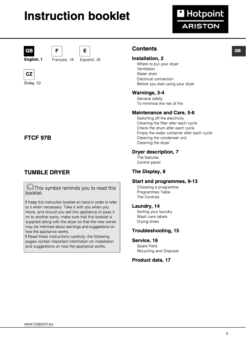 Page n°1 - Manuel utilisateur Hotpoint Ariston FTCF 97B 6HY (EU)