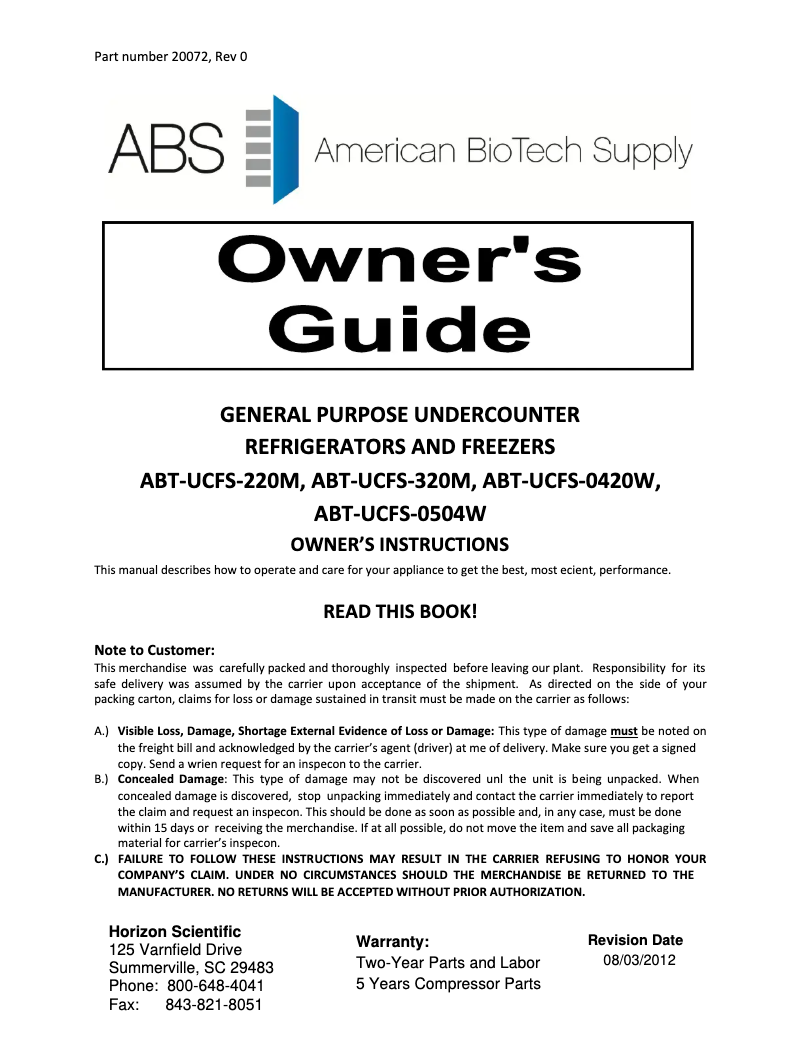 Page 1 de la notice Manuel d'utilisation et d'entretien American BioTech Supply ABT-HC-UCFS-0504W
