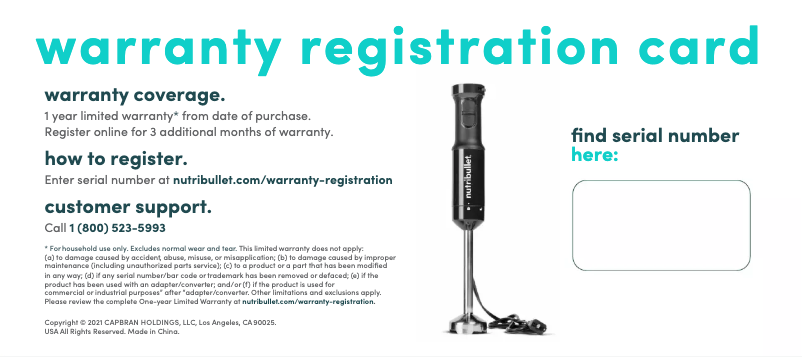 Page n°1 - Informations de garantie NutriBullet Immersion Blender