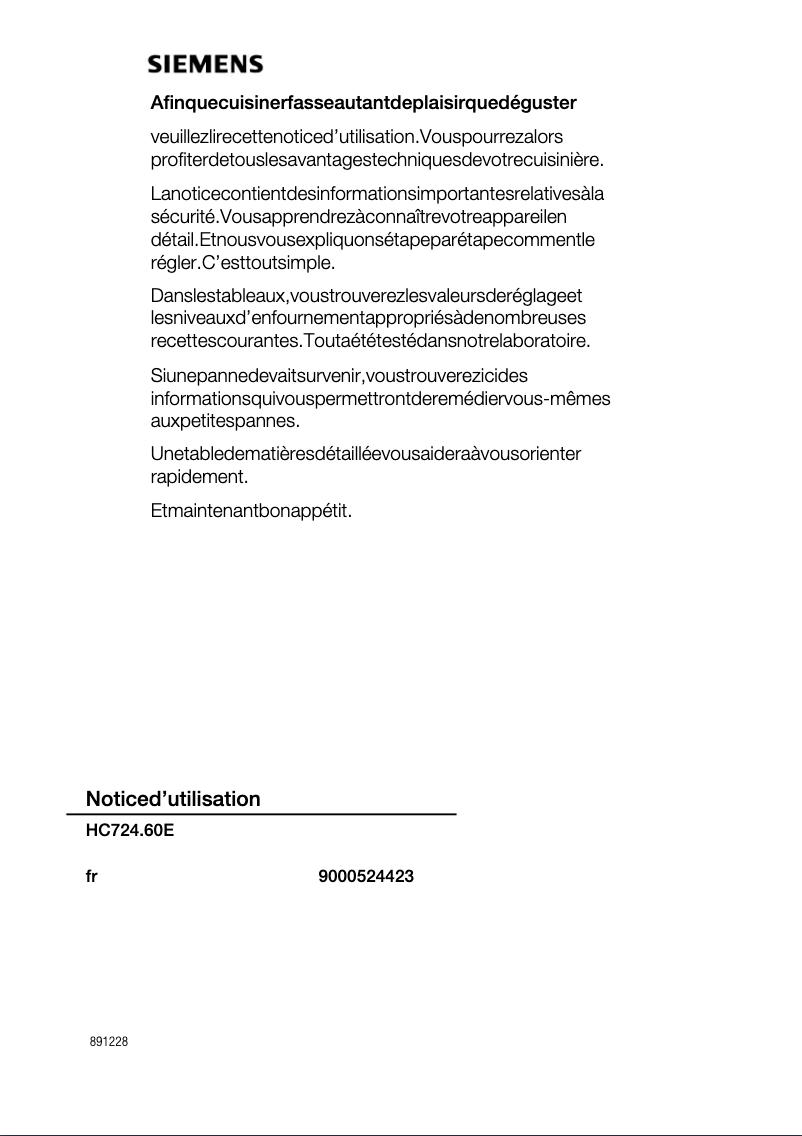 Page 1 de la notice Manuel utilisateur Siemens HC724260E