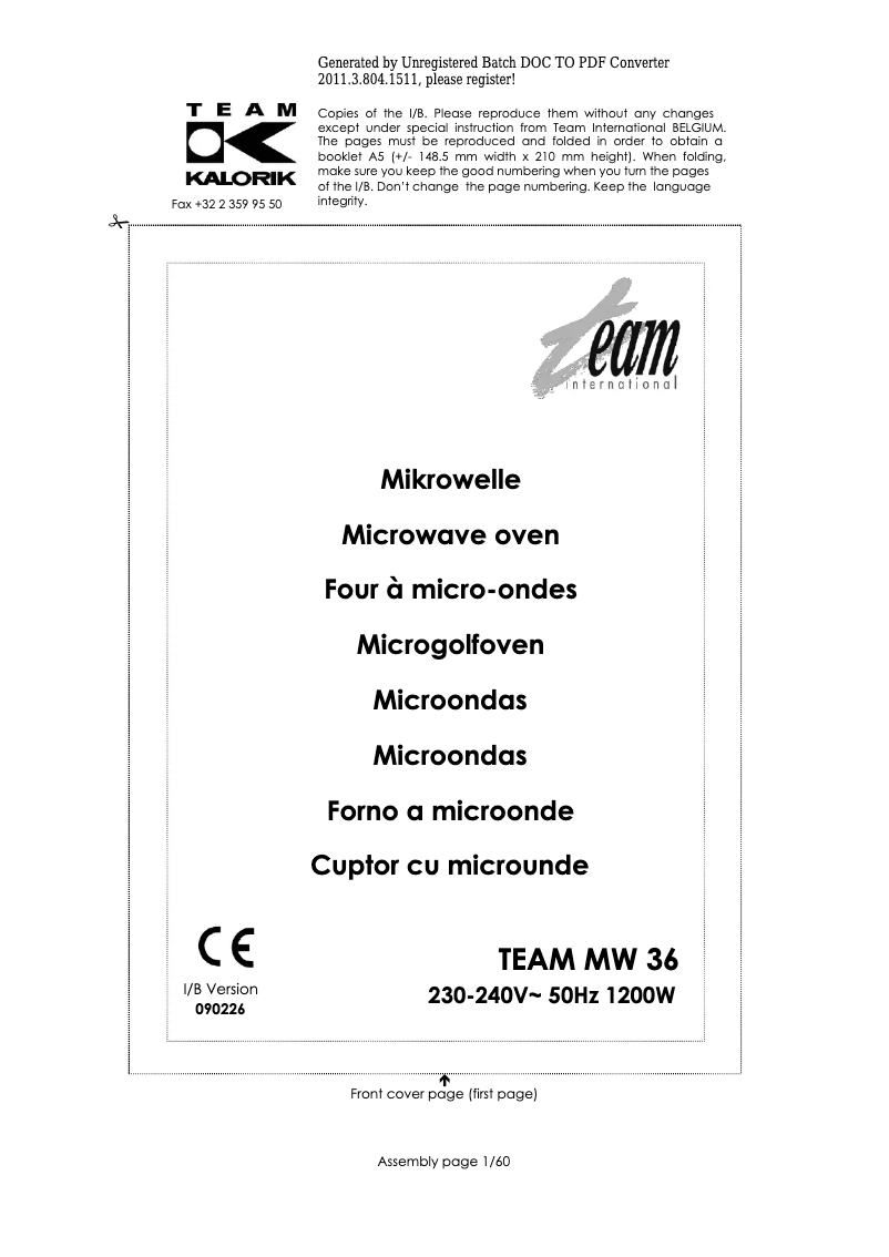 Page 1 de la notice Manuel utilisateur Team MW 36