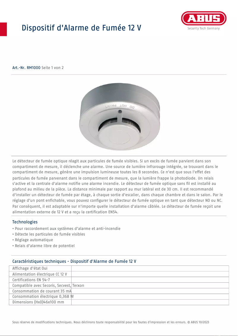 Page 1 de la notice Fiche technique Abus RM1000