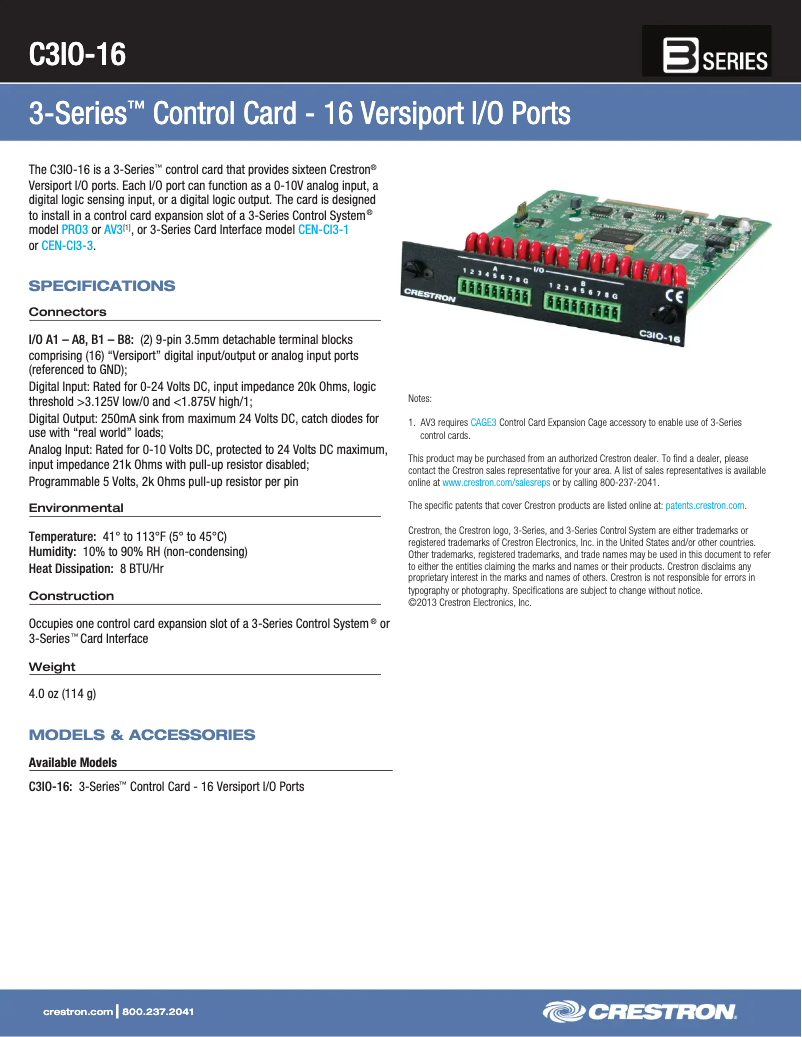 Página 1 del manual Ficha técnica Crestron C3IO-16