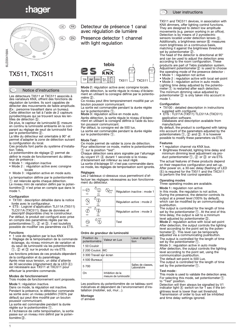 Page 1 de la notice Manuel utilisateur Hager TXC511