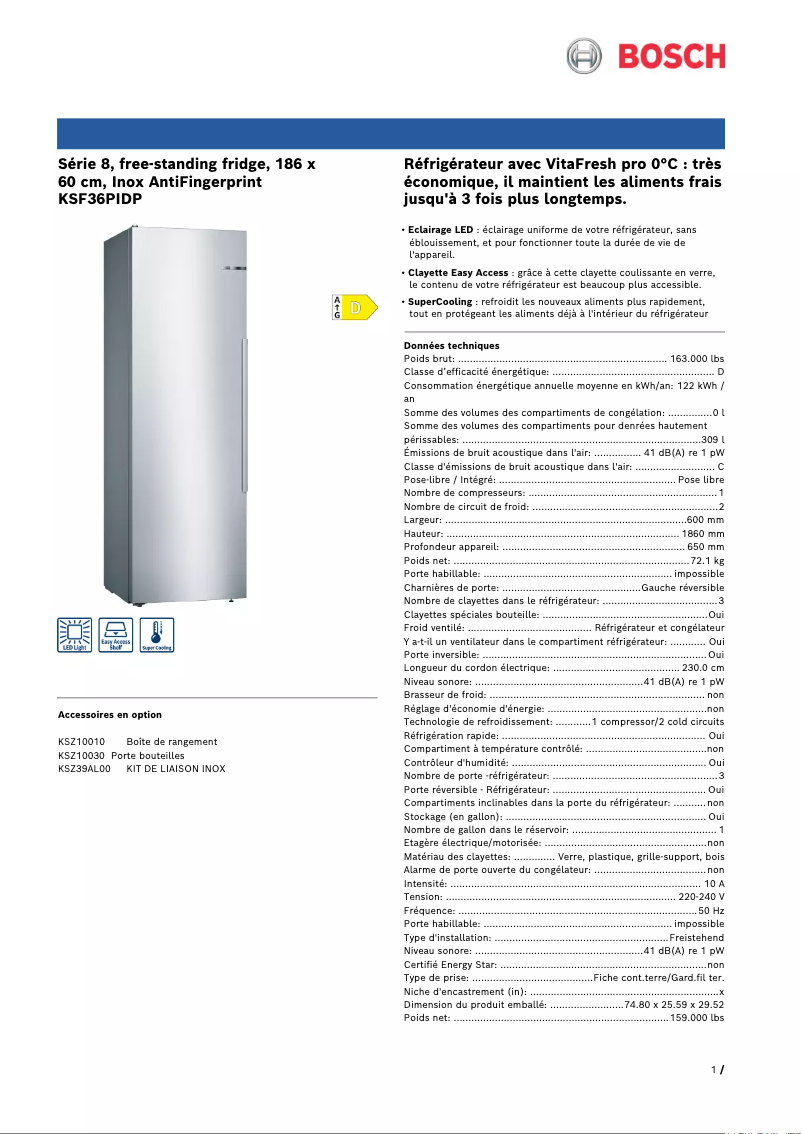 Page n°1 - Fiche technique Bosch KSF36PIDP