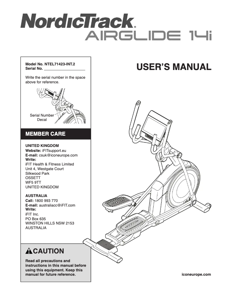 Page 1 de la notice Manuel utilisateur NordicTrack AirGlide 14i
