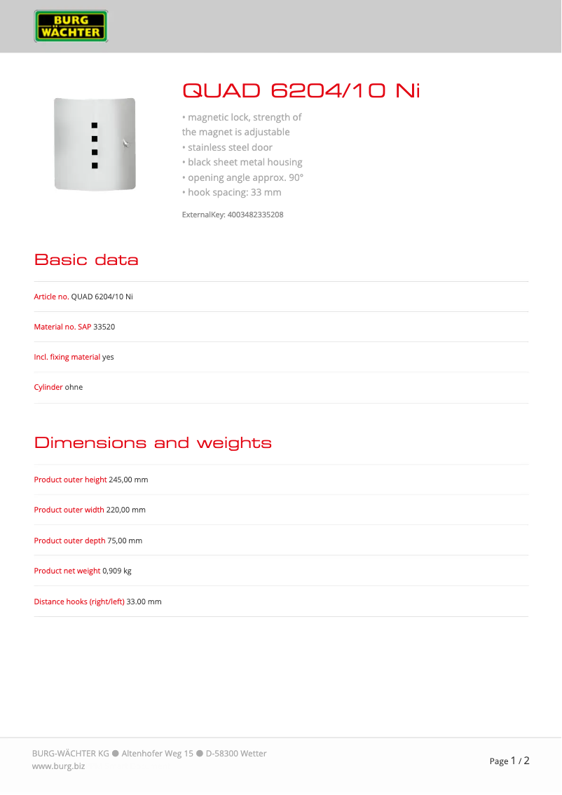 Page 1 de la notice Manuel utilisateur Burg Wächter Quad 6204/10 Ni