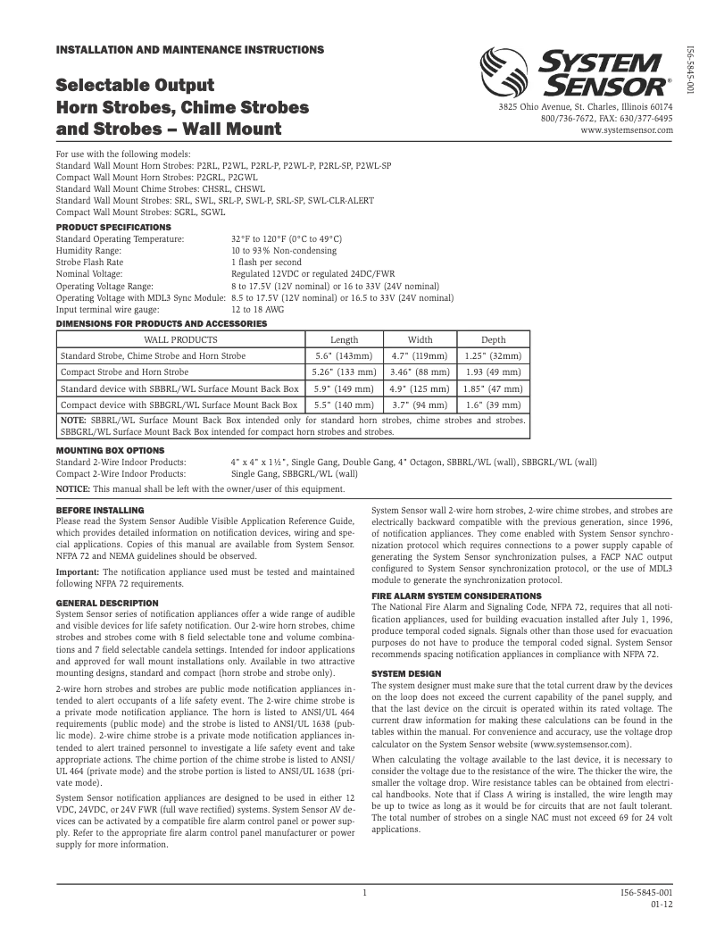 Page 1 de la notice Manuel utilisateur System Sensor P2RL