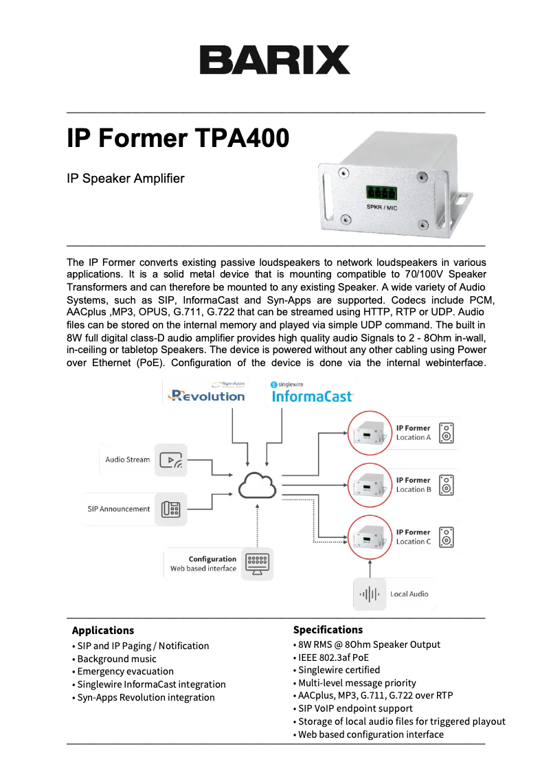 Page 1 de la notice Fiche technique Monacor IP-FORMER