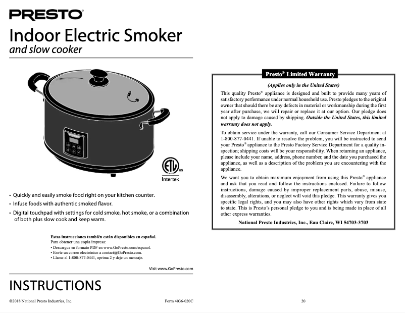 Image de la première page du manuel de l'appareil Indoor Electric Smoker 06013