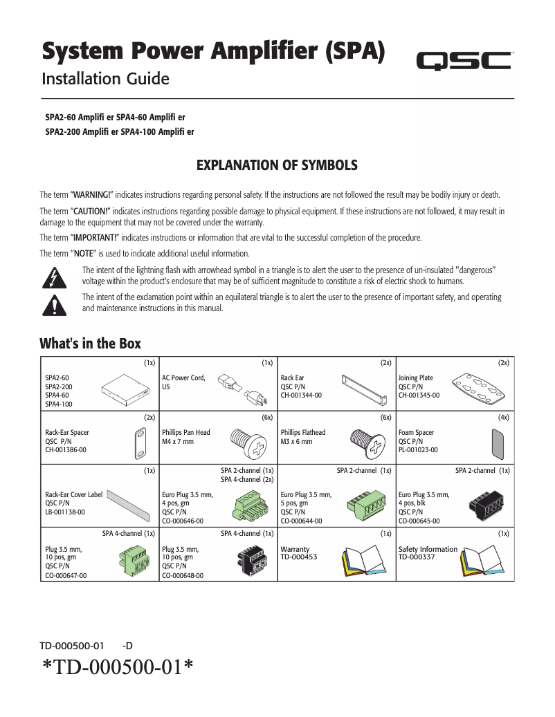 Page n°1 - Guide d'installation QSC SPA2-60
