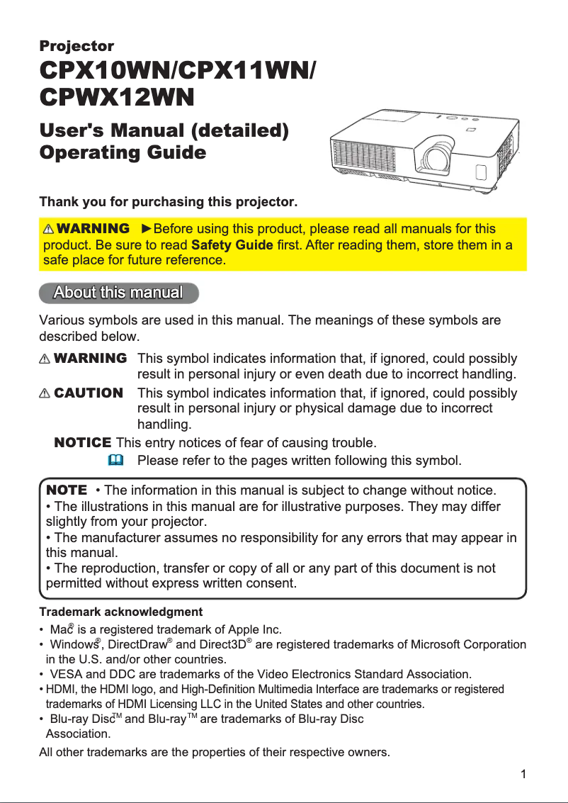 Page 1 de la notice Manuel utilisateur Hitachi CPX10WN