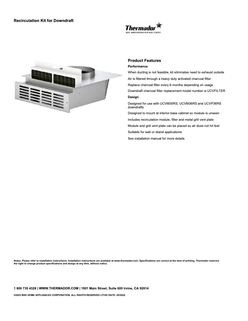 Page 1 de la notice Fiche technique Thermador UCVRECIRC