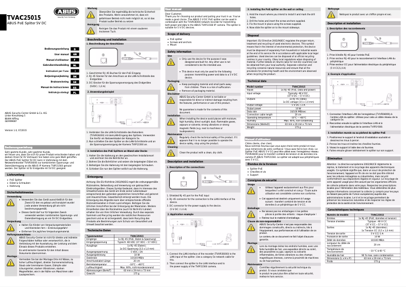 Page 1 de la notice Manuel utilisateur Abus TVAC25015