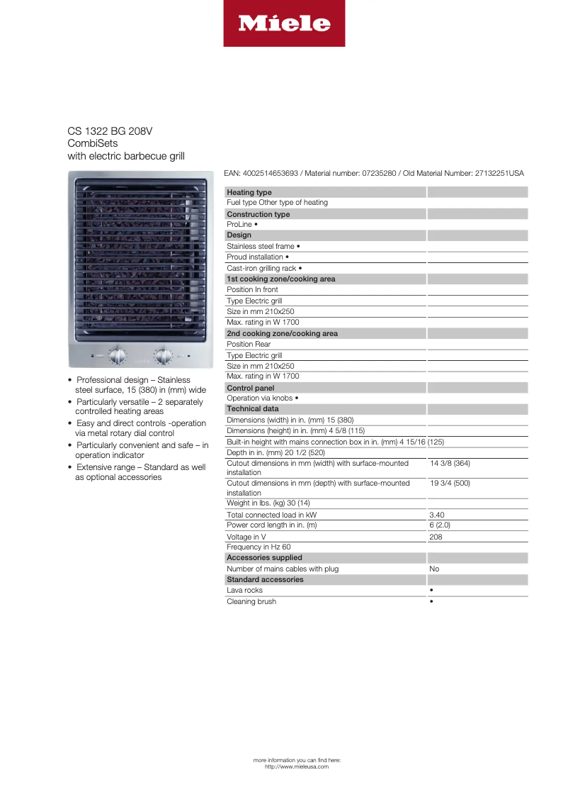 Page n°1 - Fiche technique Miele CS 1322