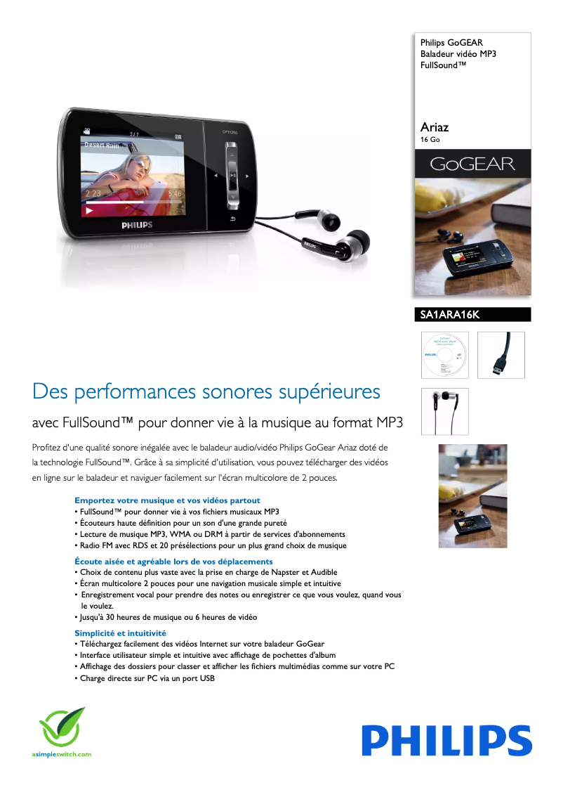 Page n°1 - Fiche technique Philips GoGear SA1ARA16K