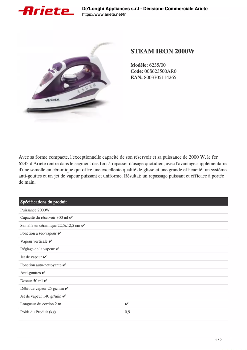 Page 1 de la notice Manuel utilisateur Ariete 6235