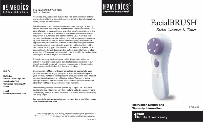 Page 1 de la notice Manuel utilisateur Homedics FAC-50C