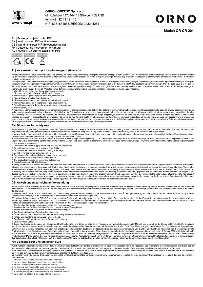 Page 1 de la notice Manuel utilisateur ORNO OR-CR-204