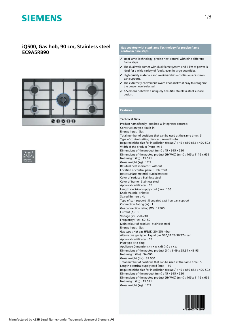 Página 1 del manual Ficha técnica Siemens EC9A5RB90