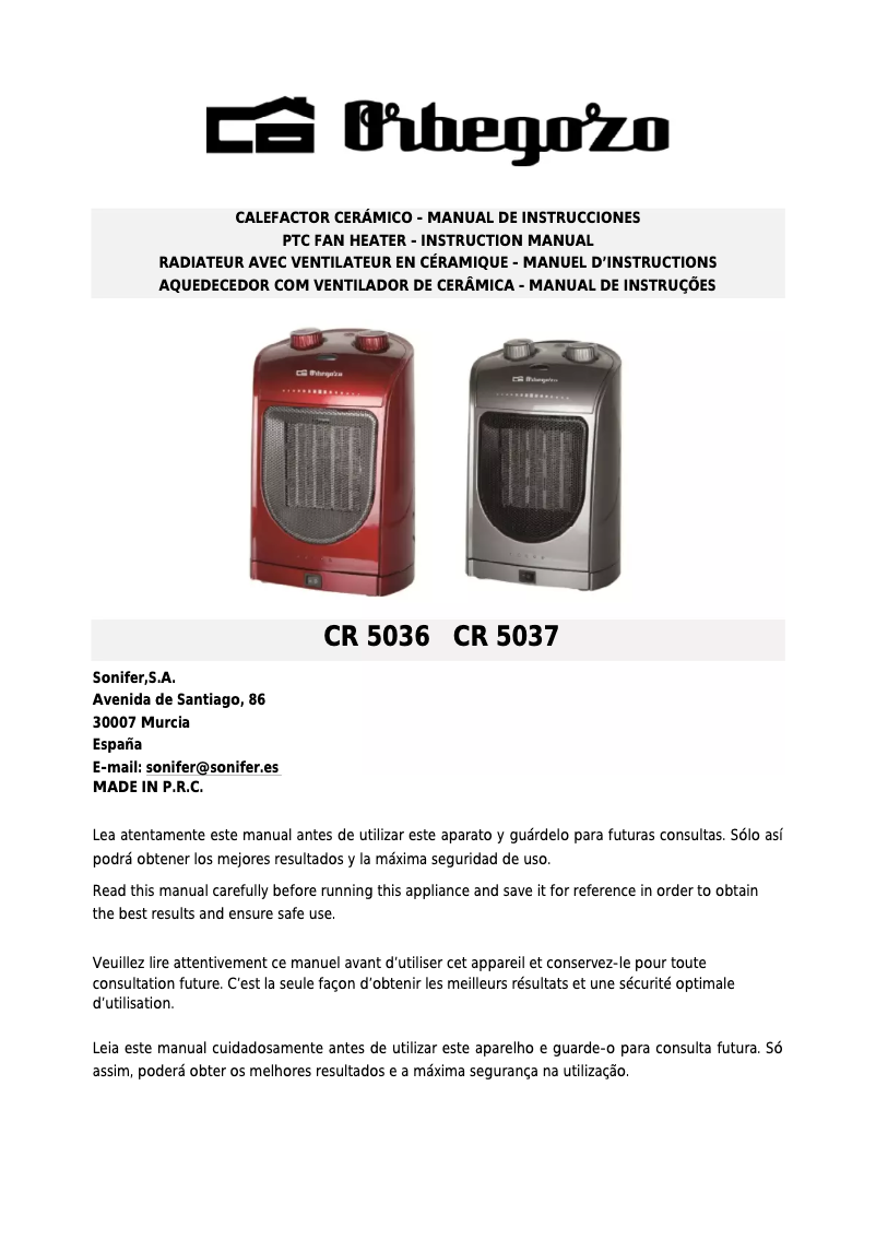 Page 1 de la notice Manuel utilisateur Orbegozo CR 5037
