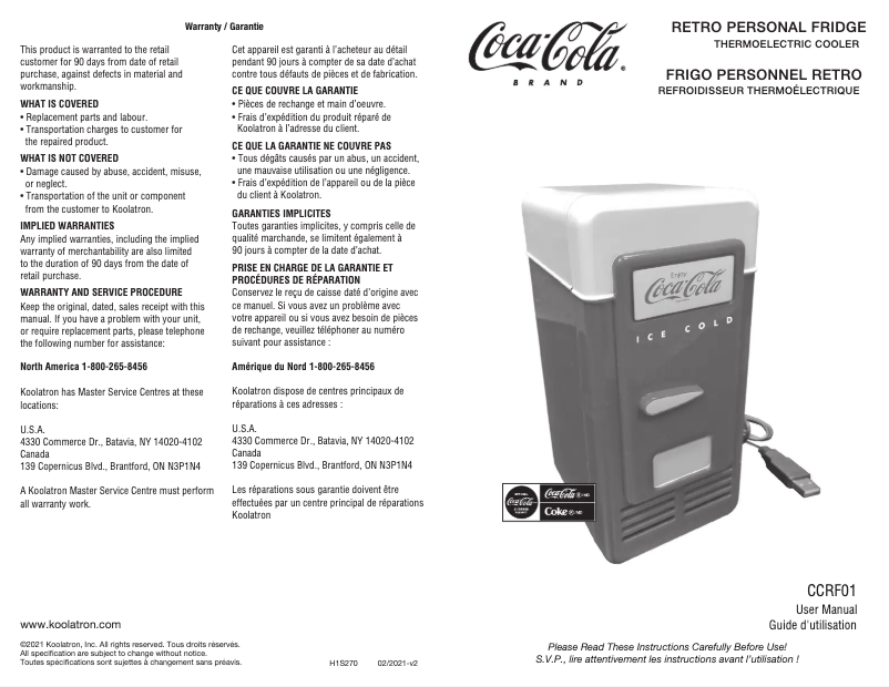 Page n°1 - Manuel utilisateur Coca-Cola CCRF01