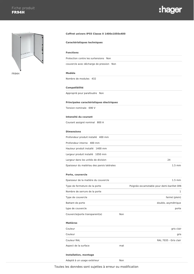 Página 1 del manual Ficha técnica Hager FR94H