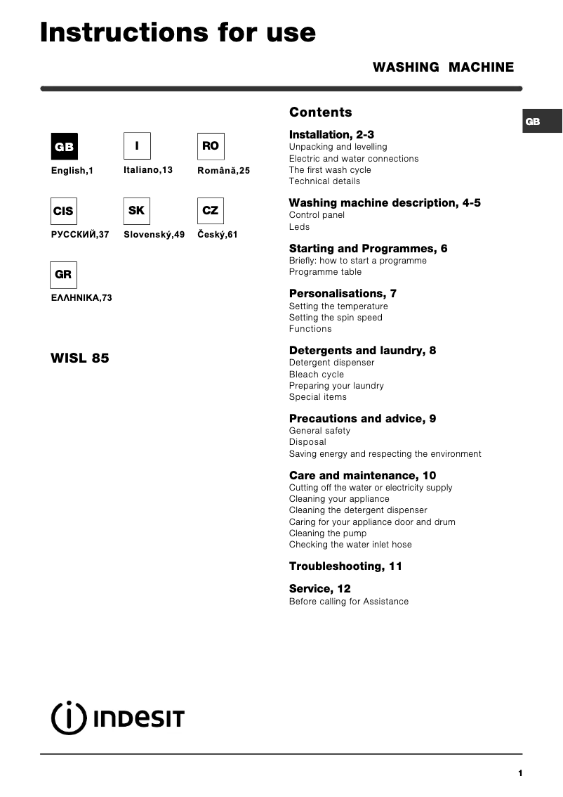 Page n°1 - Manuel utilisateur Indesit WISL 85