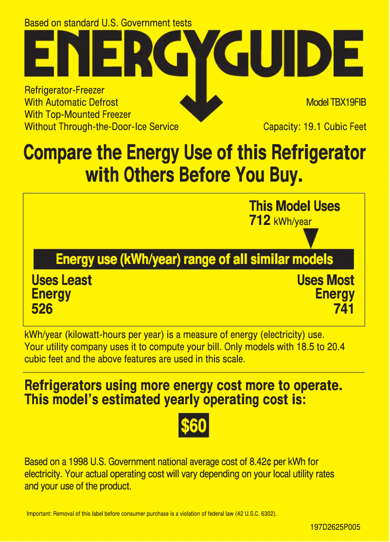 Page 1 de la notice Label énergétique GE TBX19FIBWW