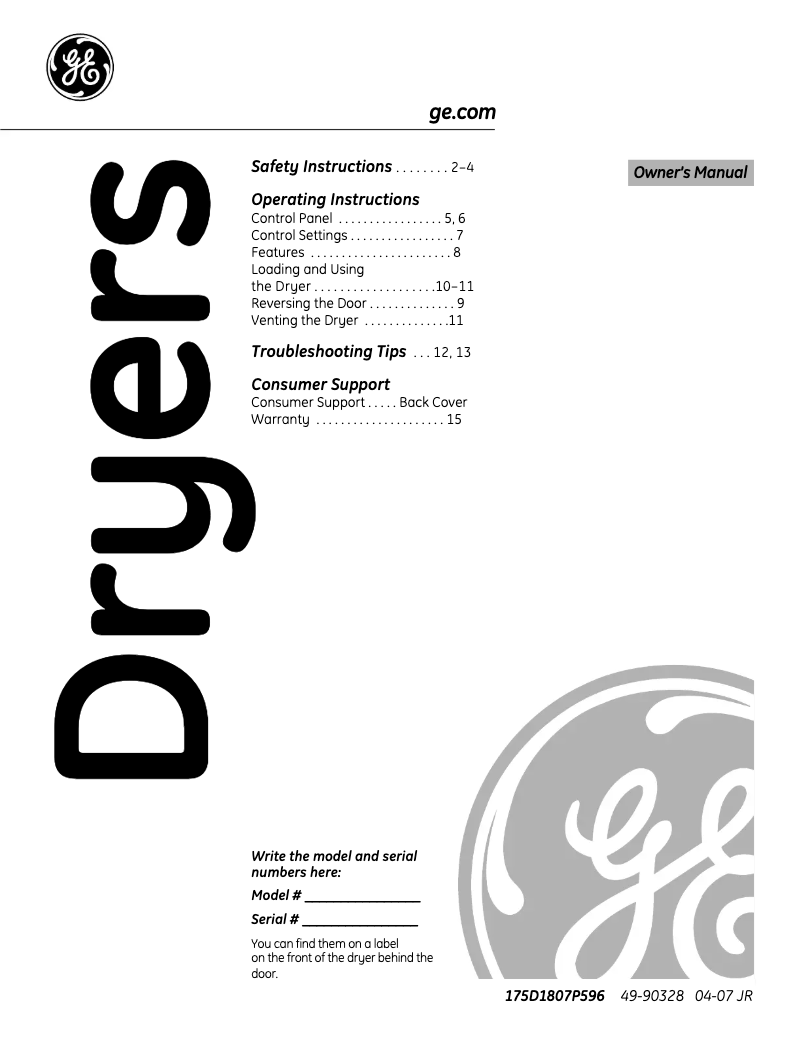 Page n°1 - Manuel d'utilisation et d'entretien GE DWSR483GBCC