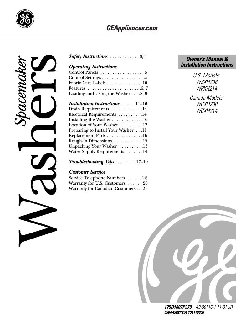 Image de la première page du manuel de l'appareil WCXH214AWW