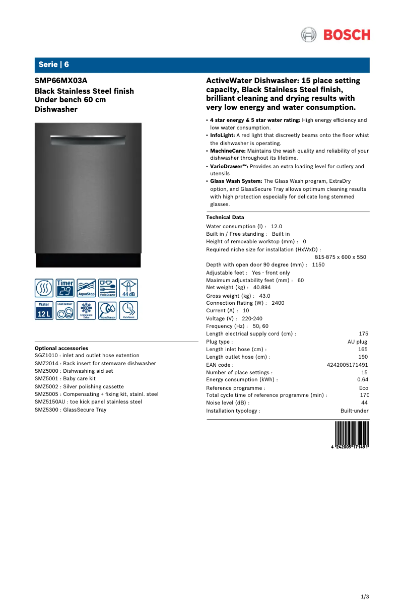 Page n°1 - Fiche technique Bosch SMP66MX03A