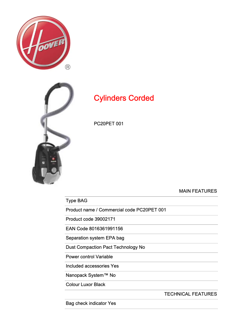 Page n°1 - Fiche technique Hoover Power Capsule PC20PET 001
