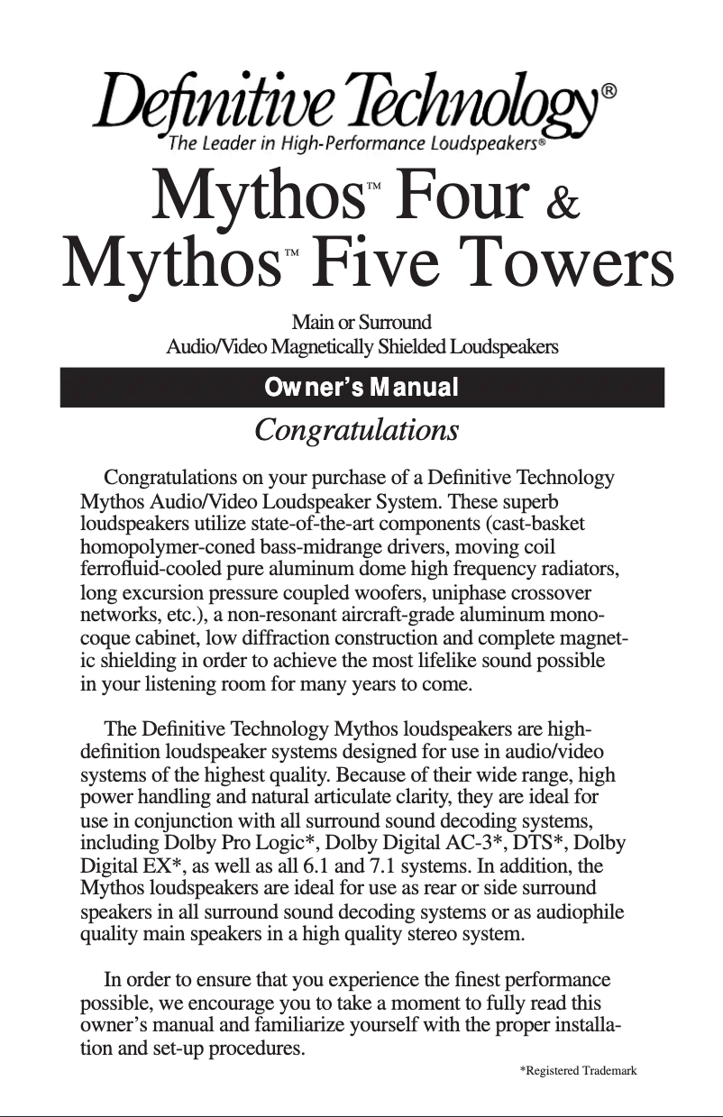 Page 1 de la notice Manuel utilisateur Definitive Technology Mythos Five