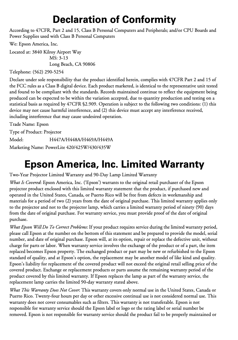 Page 1 de la notice Informations de garantie Epson PowerLite 430