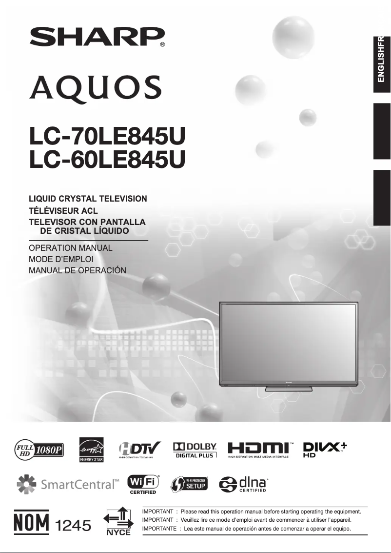 Page 1 de la notice Manuel utilisateur Sharp Aquos LC-70LE845U