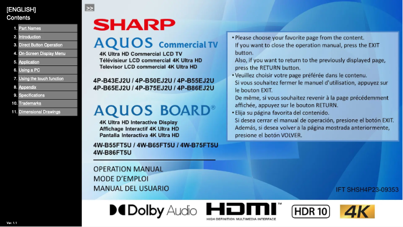 Page 1 de la notice Manuel utilisateur Sharp Aquos 4W-B86FT5U