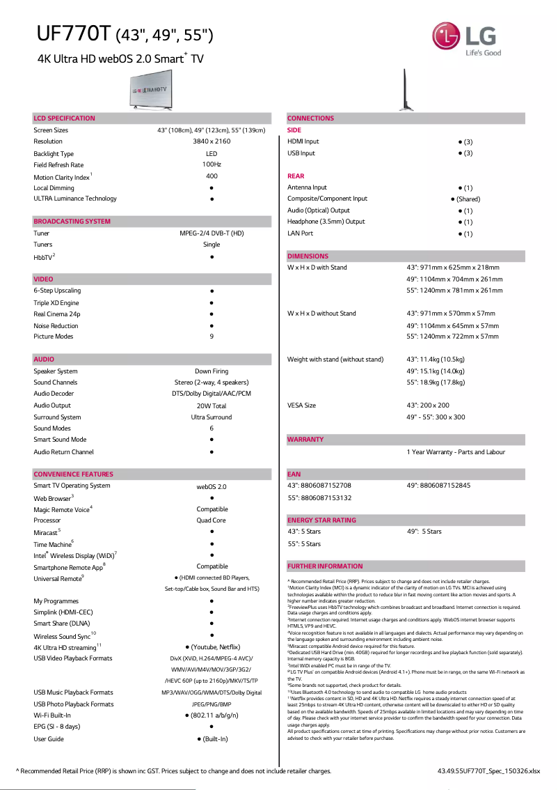 Page n°1 - Fiche technique LG 43UF770T