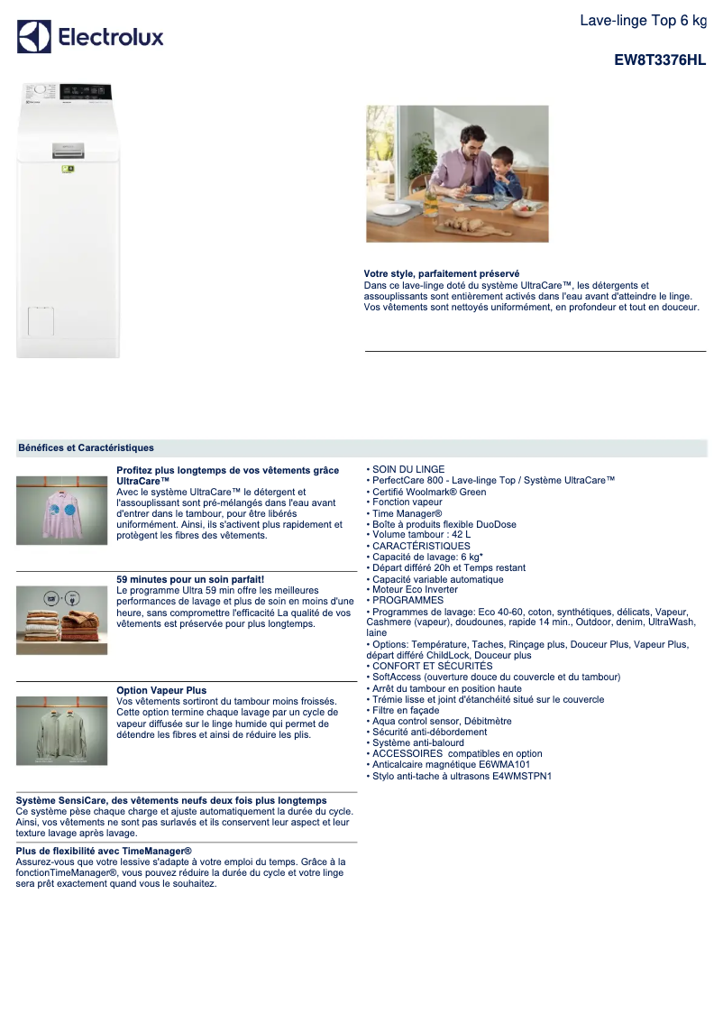 Page 1 de la notice Fiche technique Electrolux EW8T3376HL