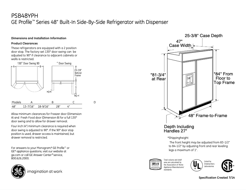 Página 1 del manual Ficha técnica GE Profile PSB48YPHSV