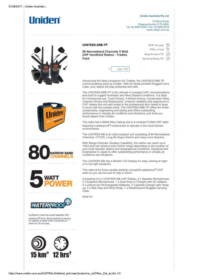 Página 1 del manual Ficha técnica Uniden UH076SX-2NB-TP