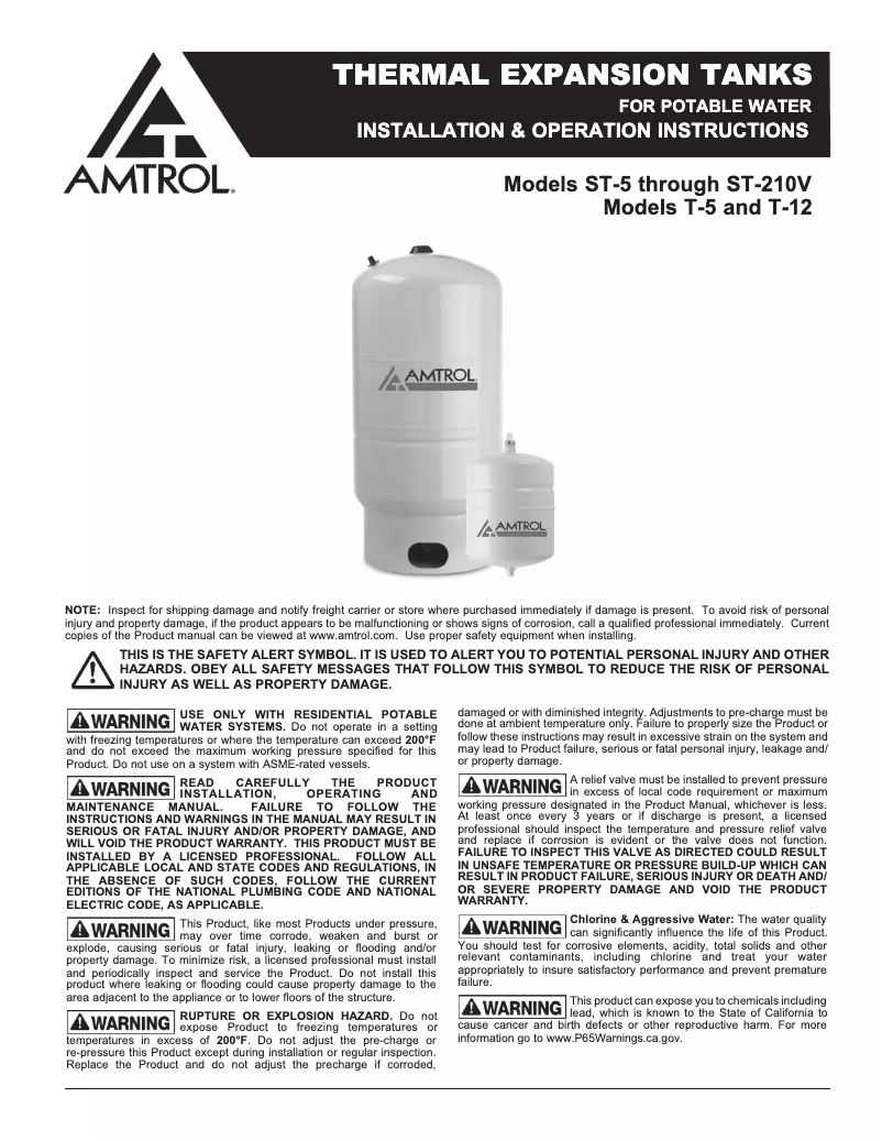 Page n°1 - Manuel utilisateur Amtrol Therm-X-Trol ST-210V