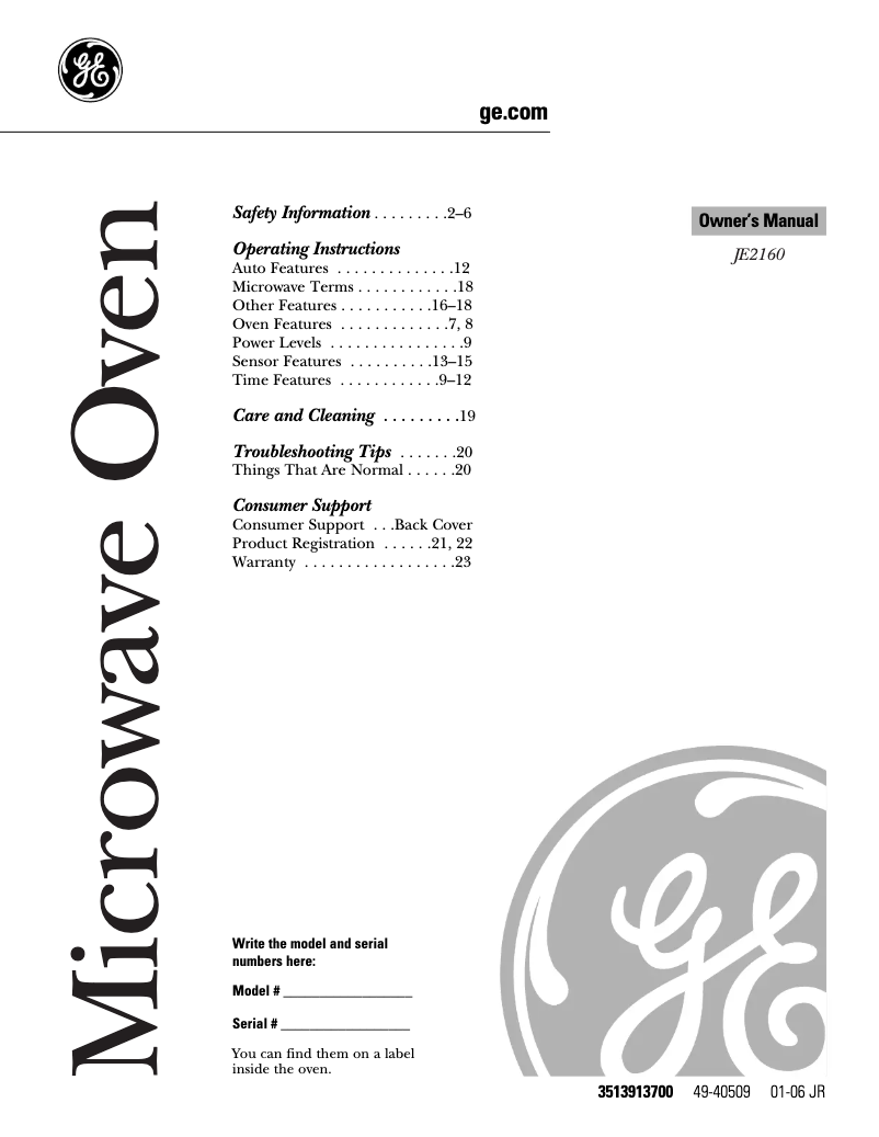 Page n°1 - Manuel d'utilisation et d'entretien GE Profile JE2160WF