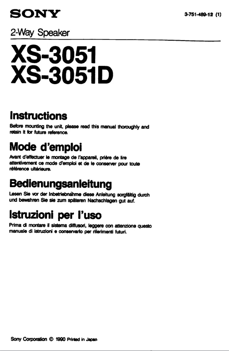 Page 1 de la notice Manuel utilisateur Sony XS-3051D