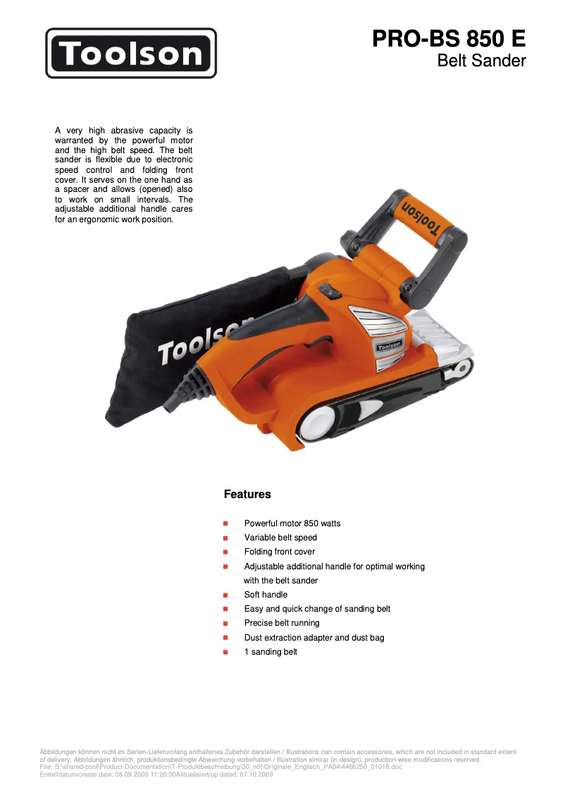 Page n°1 - Fiche technique Toolson PRO-BS 850 E