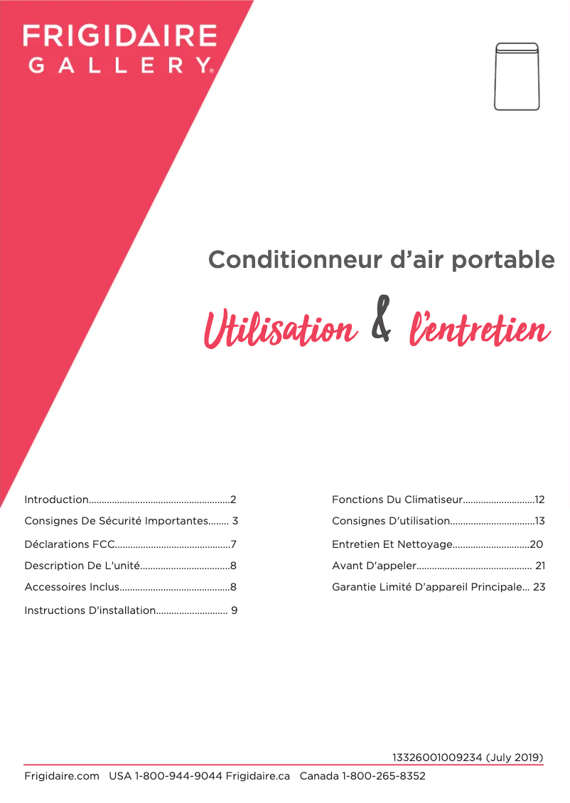 Page 1 de la notice Manuel utilisateur Frigidaire GHPC132AB1