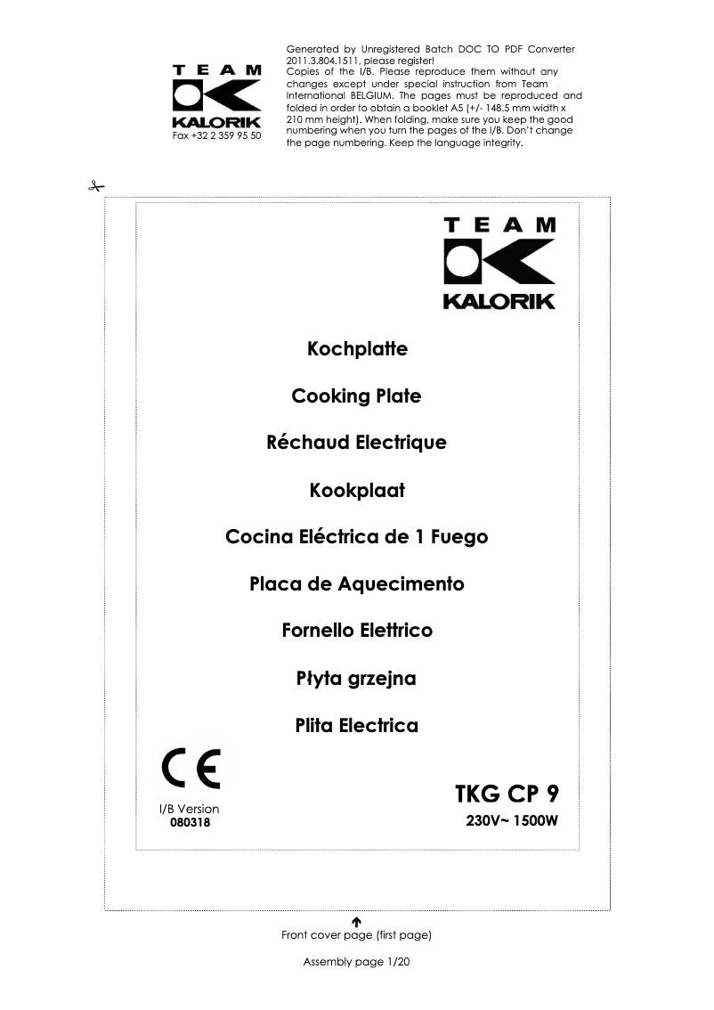 Imagen de la primera página del manual del dispositivo TKG CP 9